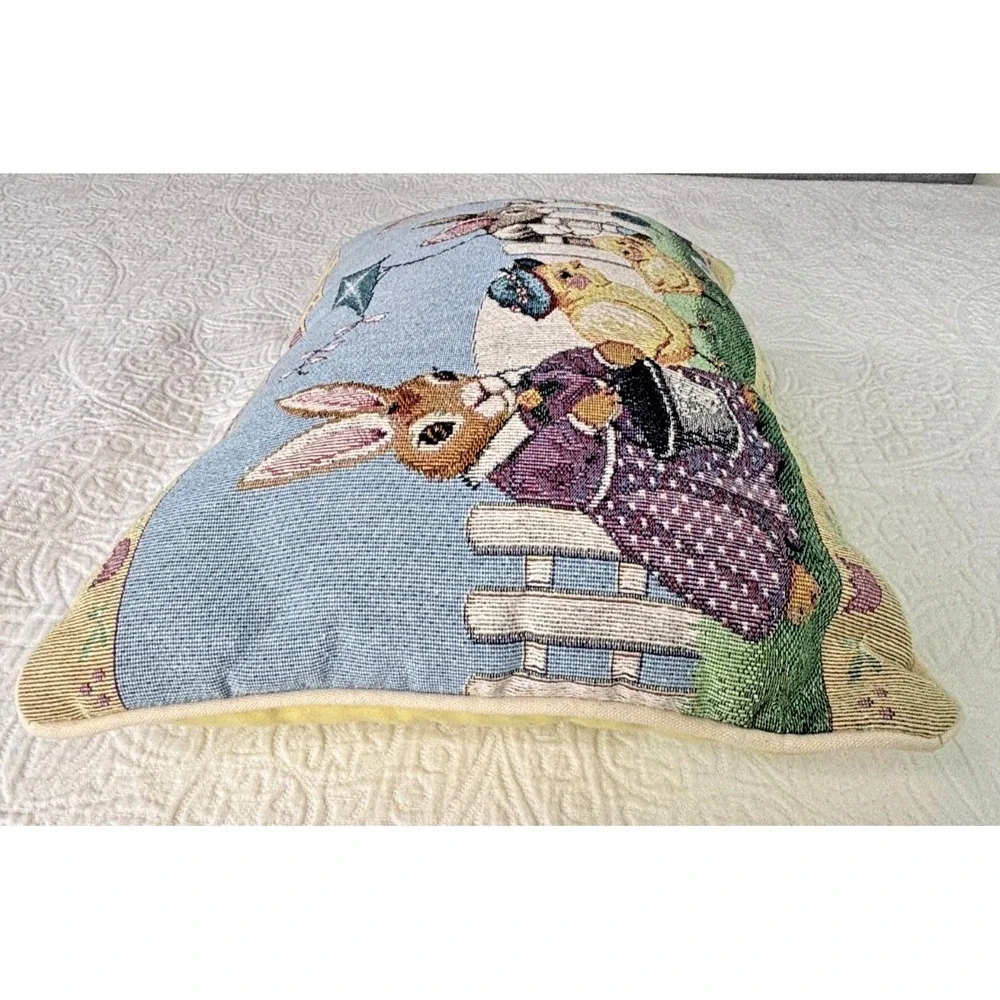 Vintage Tapestry Easter Pillow Rabbits Chicks Farm Scene Needlepoint Style Decor